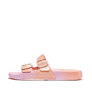 Women's FitFlop Iqushion Iridescent Two Bar Buckle Sliders Slides White | 142HYJCZE