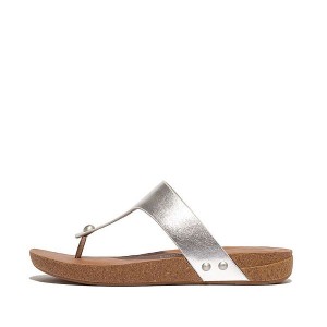 Women's FitFlop Iqushion Metallic Leather Toe-Post Sandals Silver | 354BYSKLV