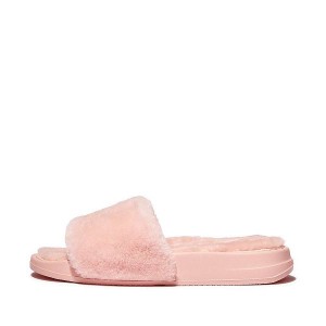 Women's FitFlop Iqushion Shearling Slides Pink / Light Blue | 784NRQGBK