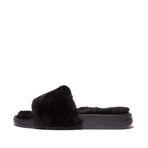 Women's FitFlop Iqushion Shearling Slides Black | 281KGDPNC