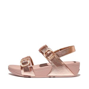 Women's FitFlop Lulu Adjustable Buckle Metallic Leather Back-Strap Sandals Rose Gold | 469ULMEQG