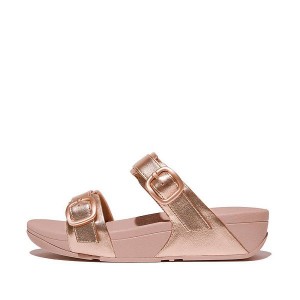 Women's FitFlop Lulu Adjustable Buckle Metallic Leather Slides Rose Gold | 290EVQZBF