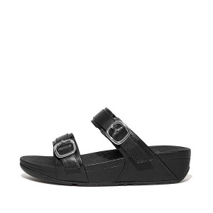 Women's FitFlop Lulu Adjustable Leather Slides Black | 971RXOIPY