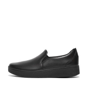 Women's FitFlop Rally Leather Slip On Skate Sneakers Black | 601OZCAKI