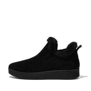 Women's FitFlop Rally Shearling Lined Suede Slip On Sneakers Black | 912FNIVGD