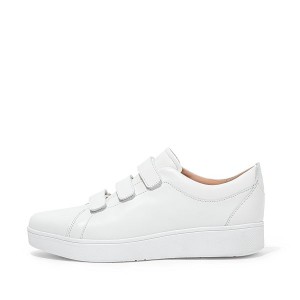 Women's FitFlop Rally Strap Leather Sneakers White | 465MVBDSJ