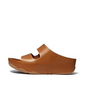 Women's FitFlop Shuv Two Bar Leather Slides Light Brown | 420WUHFIO