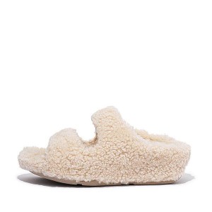 Women's FitFlop Shuv Two Bar Shearling Slides White | 895LPUBSX