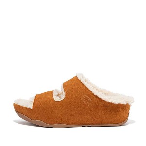 Women's FitFlop Shuv Two Bar Shearling Suede Slides Light Brown | 201MQVXKN