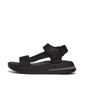 Women's FitFlop Surff Two Tone Sports Webbing Leather Back-Strap Sandals Black | 104JYMVBC