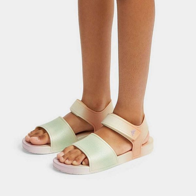 Kids' FitFlop Iqushion Junior Iridescent Ergonomic Back-Strap Sandals White | 597MFJGQW