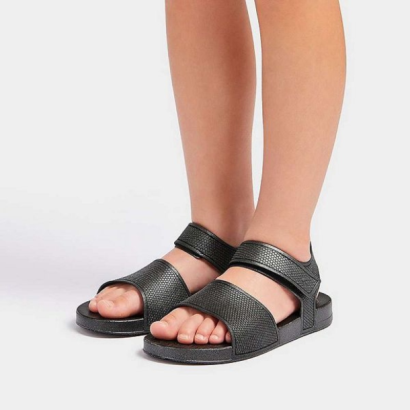 Kids' FitFlop Iqushion Junior Shimmer Ergonomic Back-Strap Sandals Black | 287OGARND