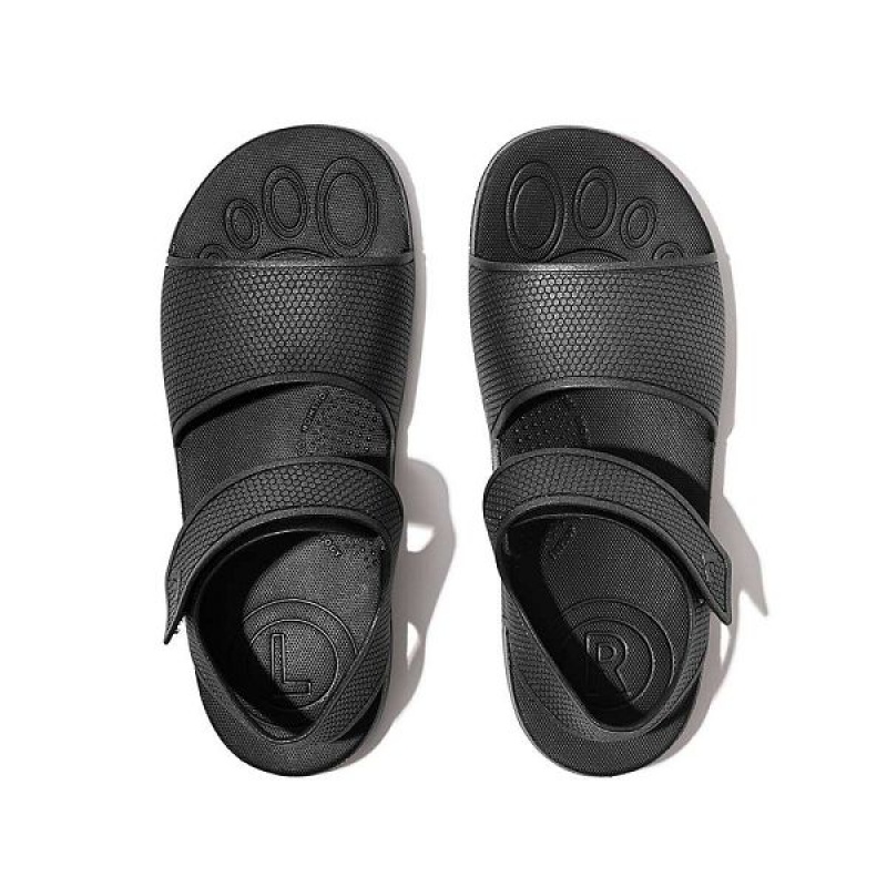 Kids' FitFlop Iqushion Junior Shimmer Ergonomic Back-Strap Sandals Black | 287OGARND