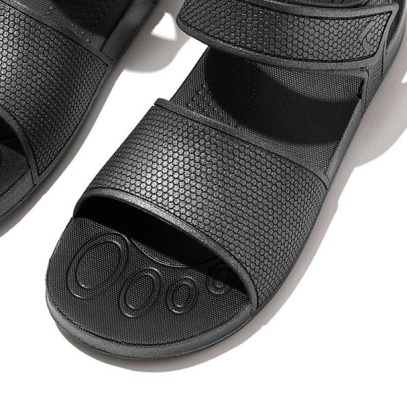 Kids' FitFlop Iqushion Junior Shimmer Ergonomic Back-Strap Sandals Black | 287OGARND