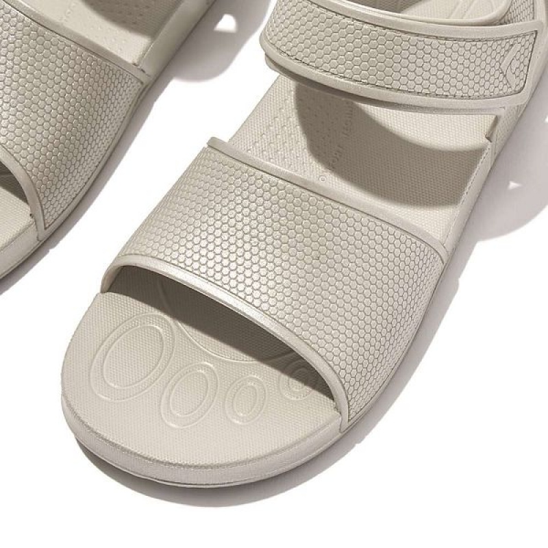 Kids' FitFlop Iqushion Junior Shimmer Ergonomic Back-Strap Sandals Silver | 103JOLDIF