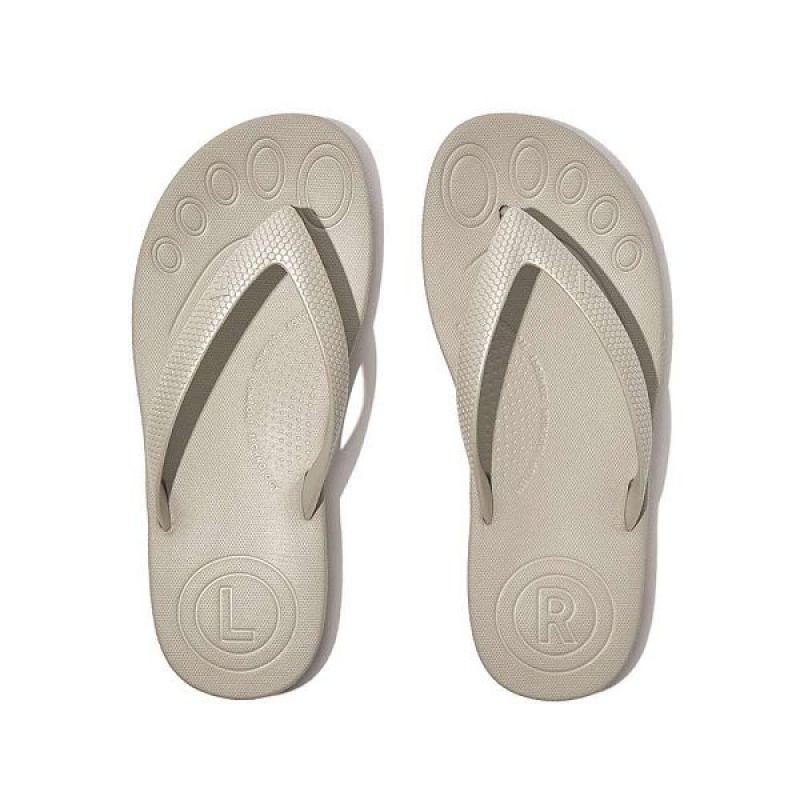 Kids' FitFlop Iqushion Junior Shimmer Ergonomic Flip Flops Silver | 781XVESBZ