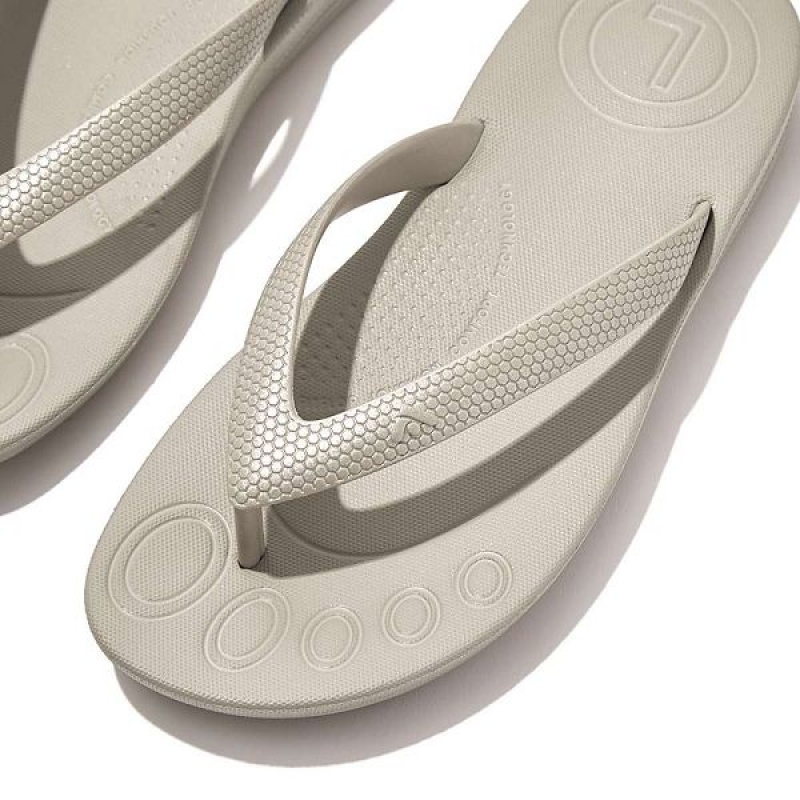 Kids' FitFlop Iqushion Junior Shimmer Ergonomic Flip Flops Silver | 781XVESBZ