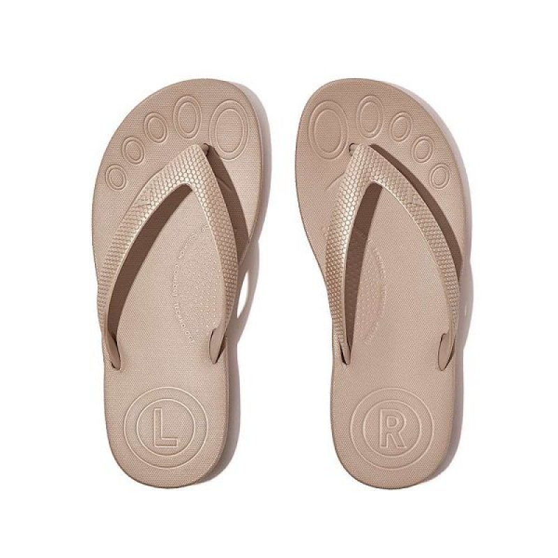 Kids' FitFlop Iqushion Junior Shimmer Ergonomic Flip Flops Rose Gold | 471AGWTEB