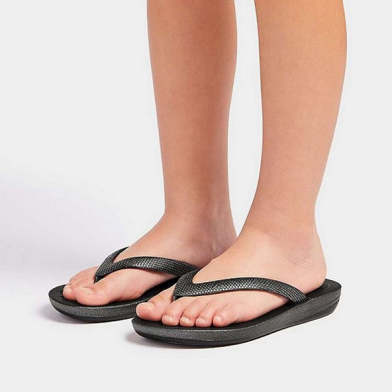 Kids' FitFlop Iqushion Junior Shimmer Ergonomic Flip Flops Black | 859VKZMSQ