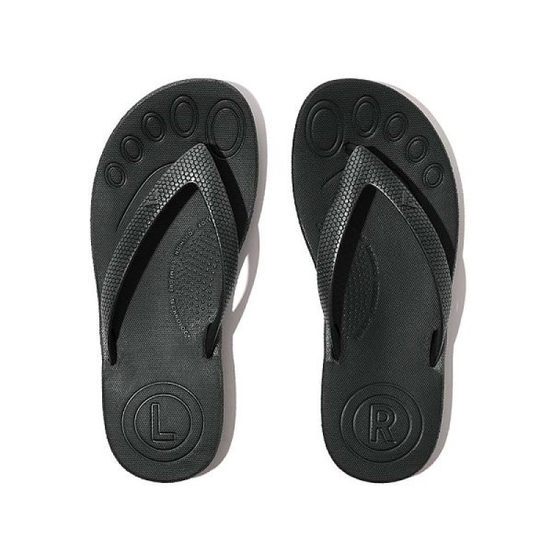 Kids' FitFlop Iqushion Junior Shimmer Ergonomic Flip Flops Black | 859VKZMSQ