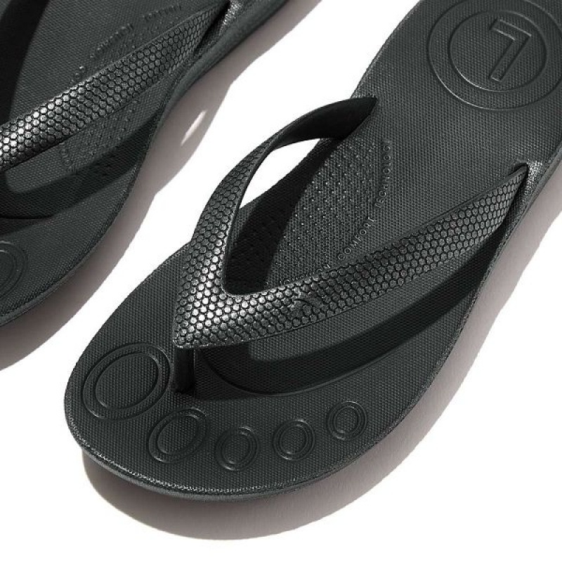 Kids' FitFlop Iqushion Junior Shimmer Ergonomic Flip Flops Black | 859VKZMSQ