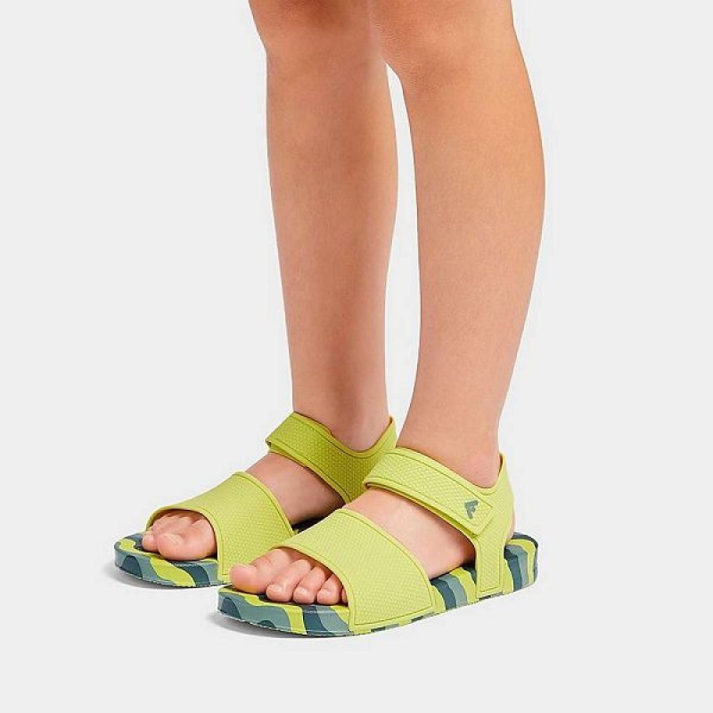 Kids' FitFlop Iqushion Junior Wave Print Ergonomic Back-Strap Sandals Light Green | 596DEFHKN