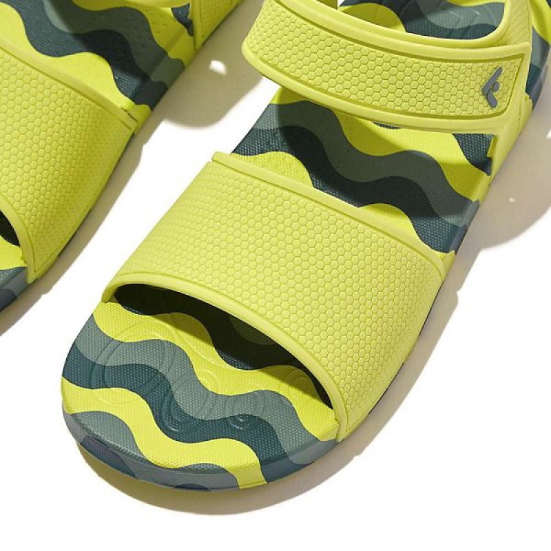 Kids' FitFlop Iqushion Junior Wave Print Ergonomic Back-Strap Sandals Light Green | 596DEFHKN