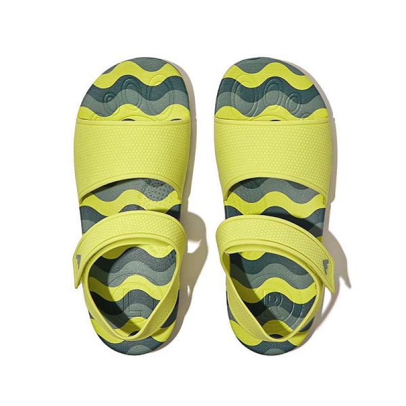 Kids' FitFlop Iqushion Junior Wave Print Ergonomic Back-Strap Sandals Light Green | 596DEFHKN