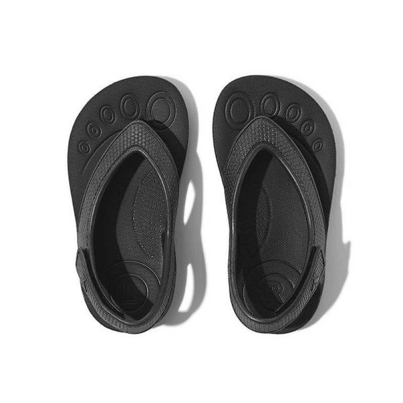 Kids' FitFlop Iqushion Toddler Shimmer Ergonomic Back-Strap Flip Flops Black | 081NVMYAH