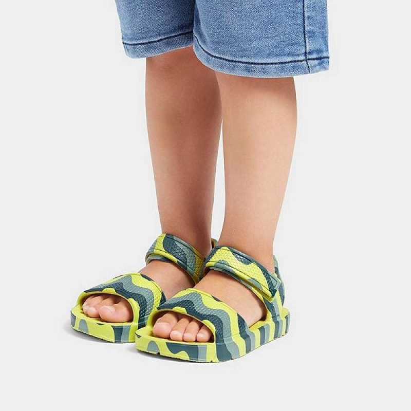 Kids' FitFlop Iqushion Toddler Wave Print Ergonomic Back-Strap Sandals Light Green | 062AMODZC