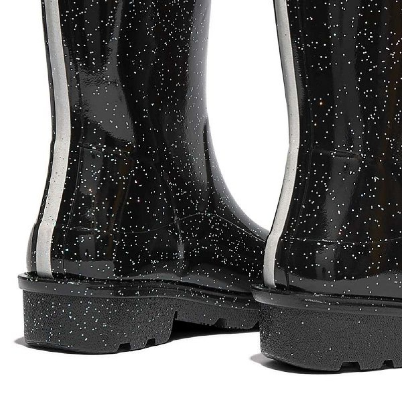 Kids' FitFlop Wonderwelly Junior Glitter Ergonomic Wellington Rain Boots Black | 894FZLBGU