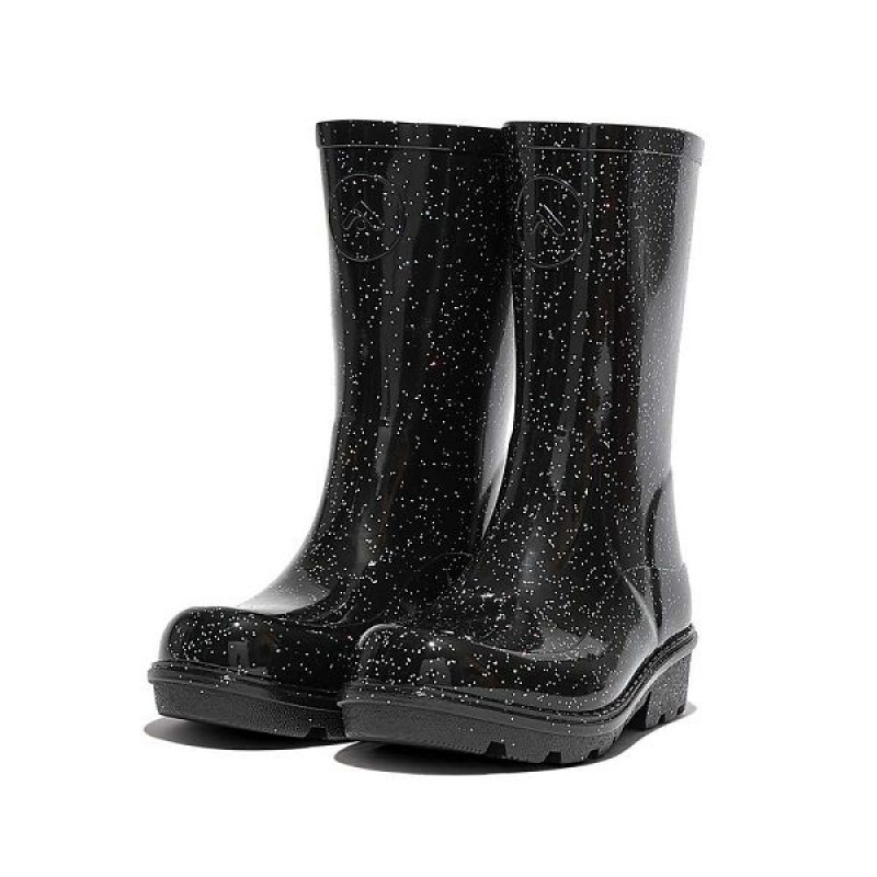 Kids' FitFlop Wonderwelly Junior Glitter Ergonomic Wellington Rain Boots Black | 894FZLBGU