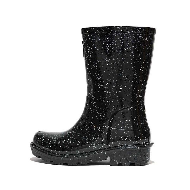 Kids\' FitFlop Wonderwelly Junior Glitter Ergonomic Wellington Rain Boots Black | 894FZLBGU