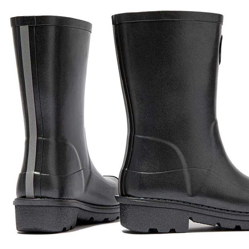 Kids' FitFlop Wonderwelly Junior Pearlized Ergonomic Waterproof Wellington Rain Boots Black | 357ZSKHRO