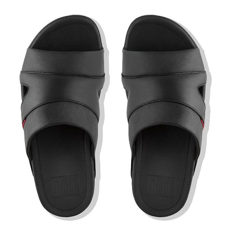 Men's FitFlop Freeway Leather Pool Slides Black | 831VCMWNA