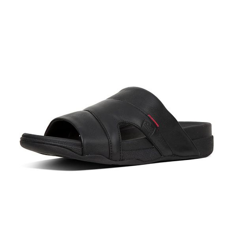 Men's FitFlop Freeway Leather Pool Slides Black | 831VCMWNA