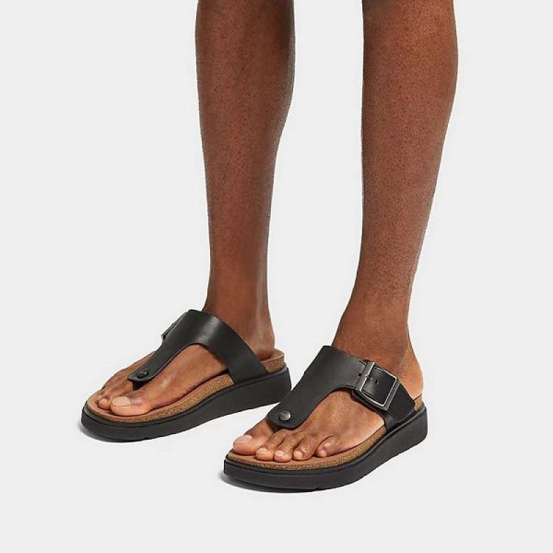 Men's FitFlop Gen-Ff Buckle Leather Toe-Post Sandals Black | 376NSOKHF