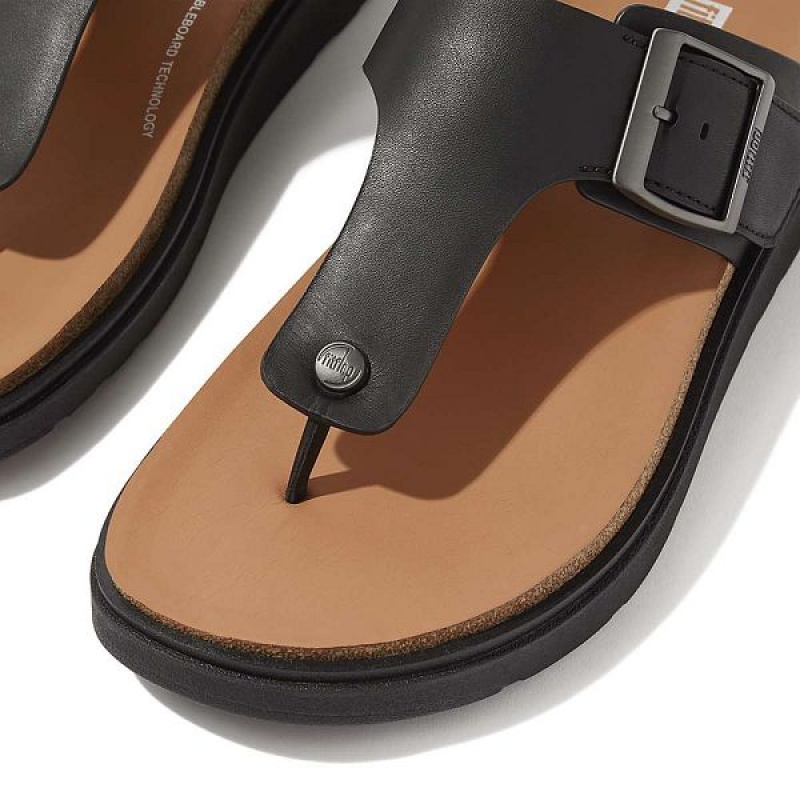 Men's FitFlop Gen-Ff Buckle Leather Toe-Post Sandals Black | 376NSOKHF