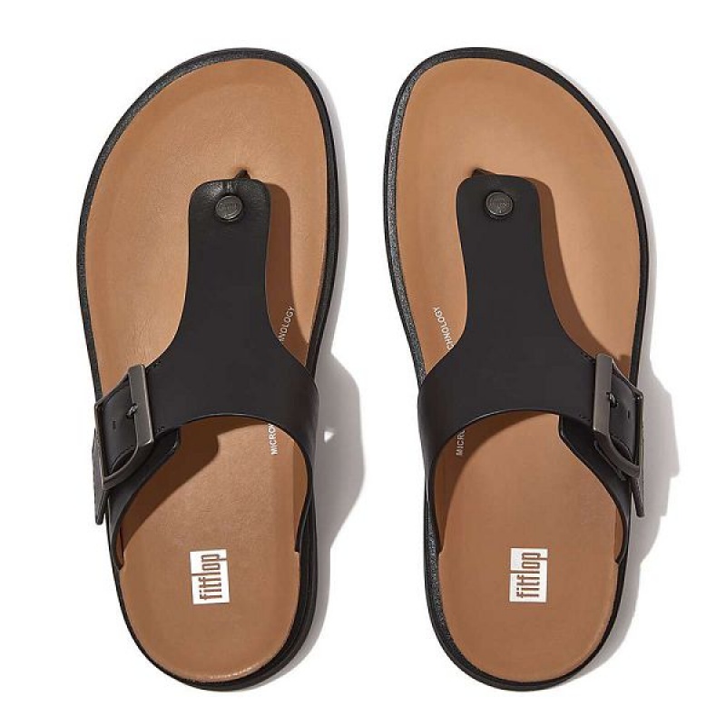 Men's FitFlop Gen-Ff Buckle Leather Toe-Post Sandals Black | 376NSOKHF