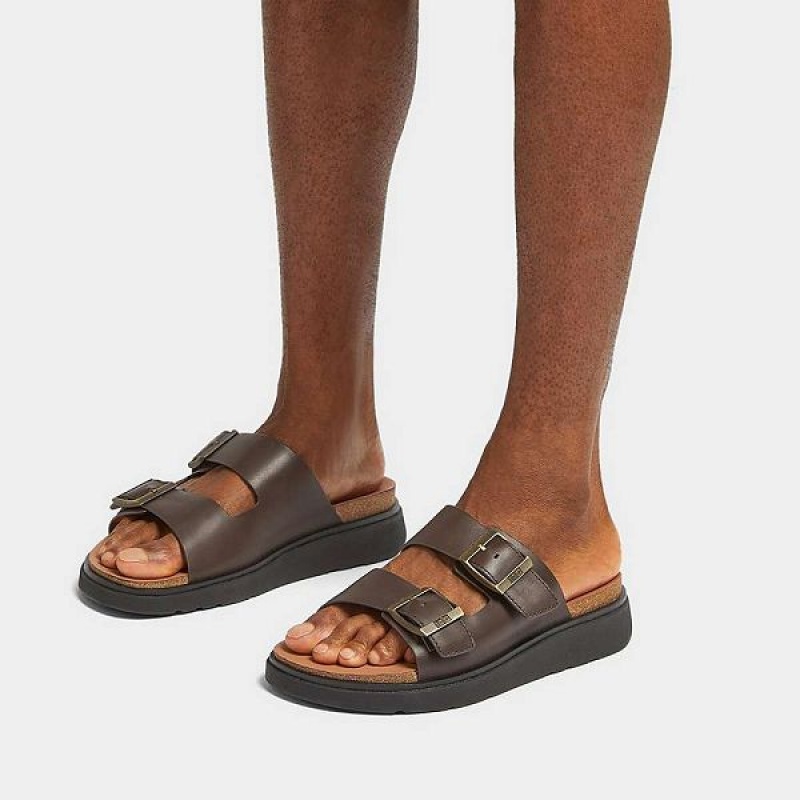 Men's FitFlop Gen-Ff Buckle Two Bar Leather Slides Brown | 681WABGHQ