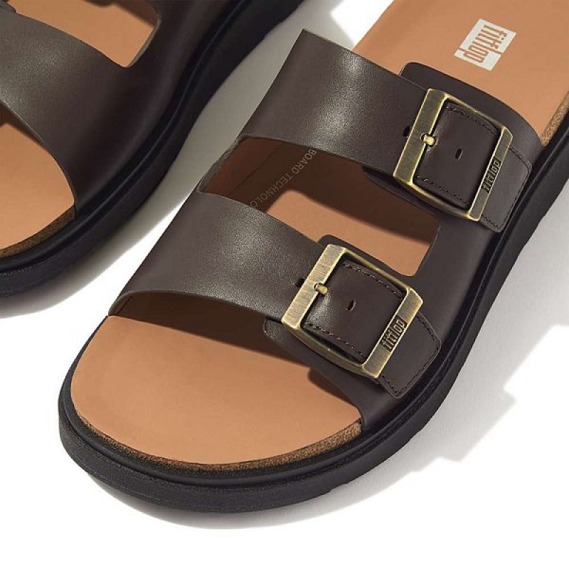 Men's FitFlop Gen-Ff Buckle Two Bar Leather Slides Brown | 681WABGHQ