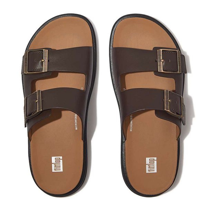 Men's FitFlop Gen-Ff Buckle Two Bar Leather Slides Brown | 681WABGHQ