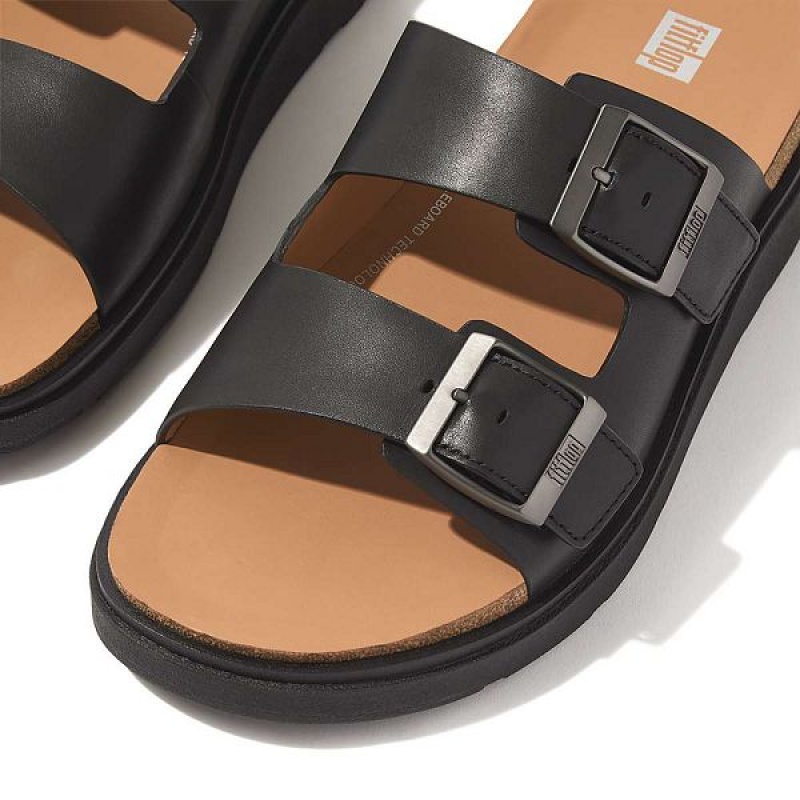 Men's FitFlop Gen-Ff Buckle Two Bar Leather Slides Black | 401KGUNWM