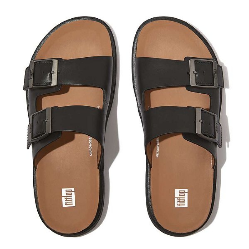 Men's FitFlop Gen-Ff Buckle Two Bar Leather Slides Black | 401KGUNWM