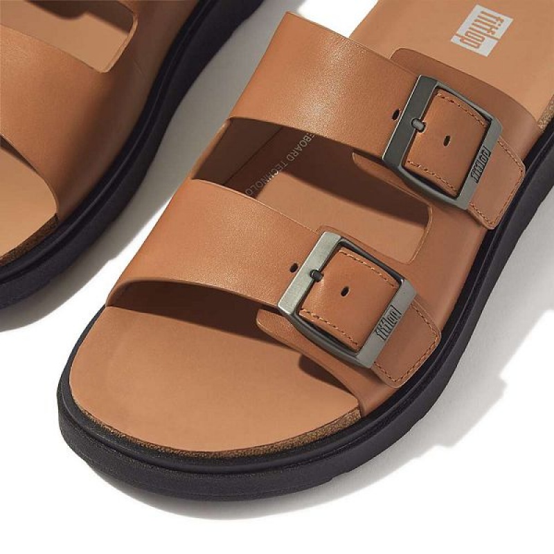 Men's FitFlop Gen-Ff Buckle Two Bar Leather Slides Light Brown | 924YEZMCN