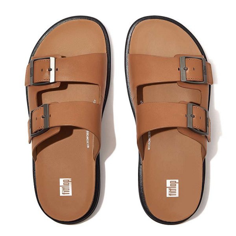 Men's FitFlop Gen-Ff Buckle Two Bar Leather Slides Light Brown | 924YEZMCN