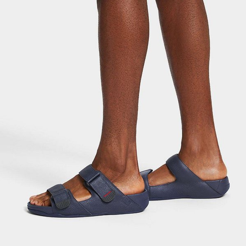 Men's FitFlop Gogh-Moc Adjustable Leather Slides Navy | 639RTYFIP