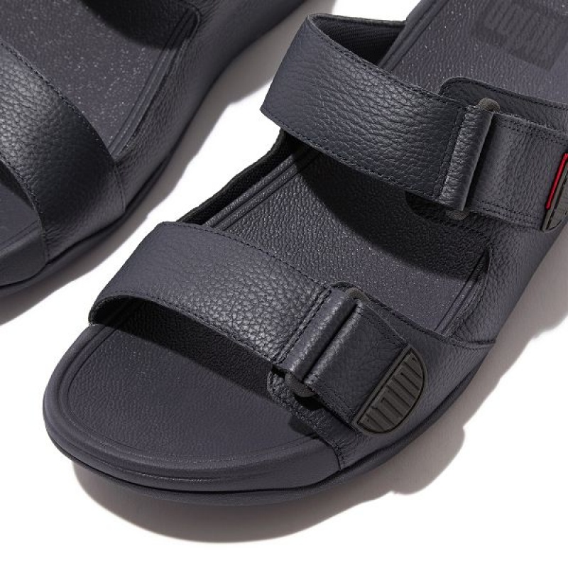 Men's FitFlop Gogh-Moc Adjustable Leather Slides Navy | 639RTYFIP