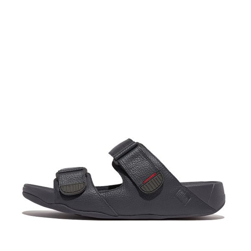 Men\'s FitFlop Gogh-Moc Adjustable Leather Slides Navy | 639RTYFIP