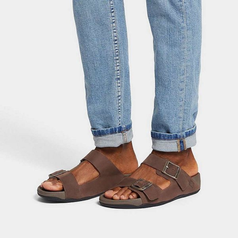 Men's FitFlop Gogh-Moc Buckle Nubuck Slides Brown | 768EXRVKD